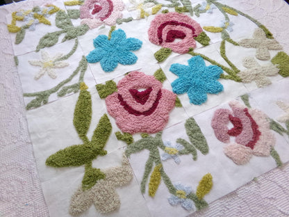 flower festival chenille fabric squares, set of 16 vintage floral 6" craft blocks, cottage designs for quilt inlays, pillows, fiber arts