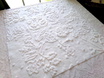 Vintage Chenille Fabric Squares in Winter Garden White Florals from Vintage Bedspread Fabric, Set of 16 Quilt Blocks, 6" x 6" inch