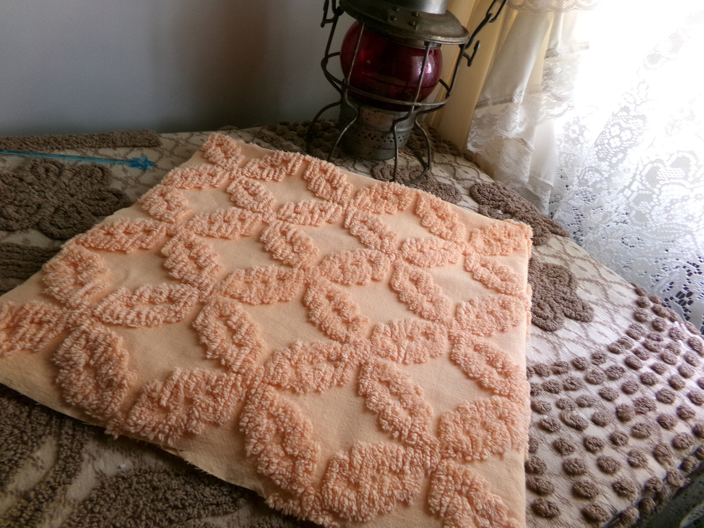 Peach Petals Vintage Chenille Quilt Fabric, 25" x 24" inch Piece, Raised Geometric Floral Pattern