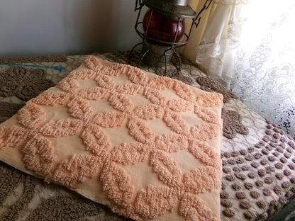 Peach Petals Vintage Chenille Quilt Fabric, 25" x 24" inch Piece, Raised Geometric Floral Pattern