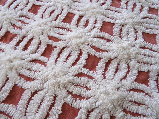 Earthy Terracotta Vintage Chenille Fabric, Plush White Tufted Petal Design, 20" x 24" inch Piece, 100% Cotton Material for Quilts & Crafts