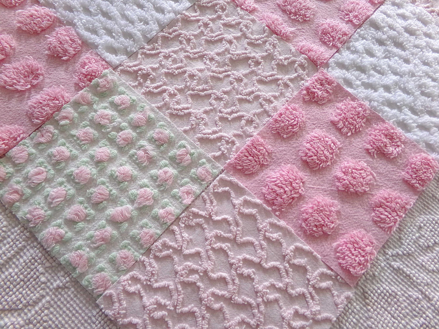 fairy chic chenille fabric squares, pink cottage rosebuds, 16 vintage quilt blocks 6" x 6" inch, for patchwork pillows, quilting, crafts