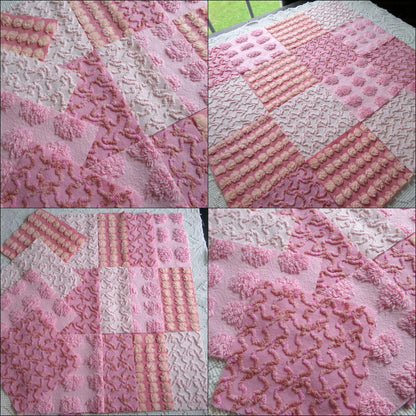 perky pinks chenille fabric squares, 16 vintage 6" quilt blocks in pops & squiggle texture, for sewing, crafts, fiber arts