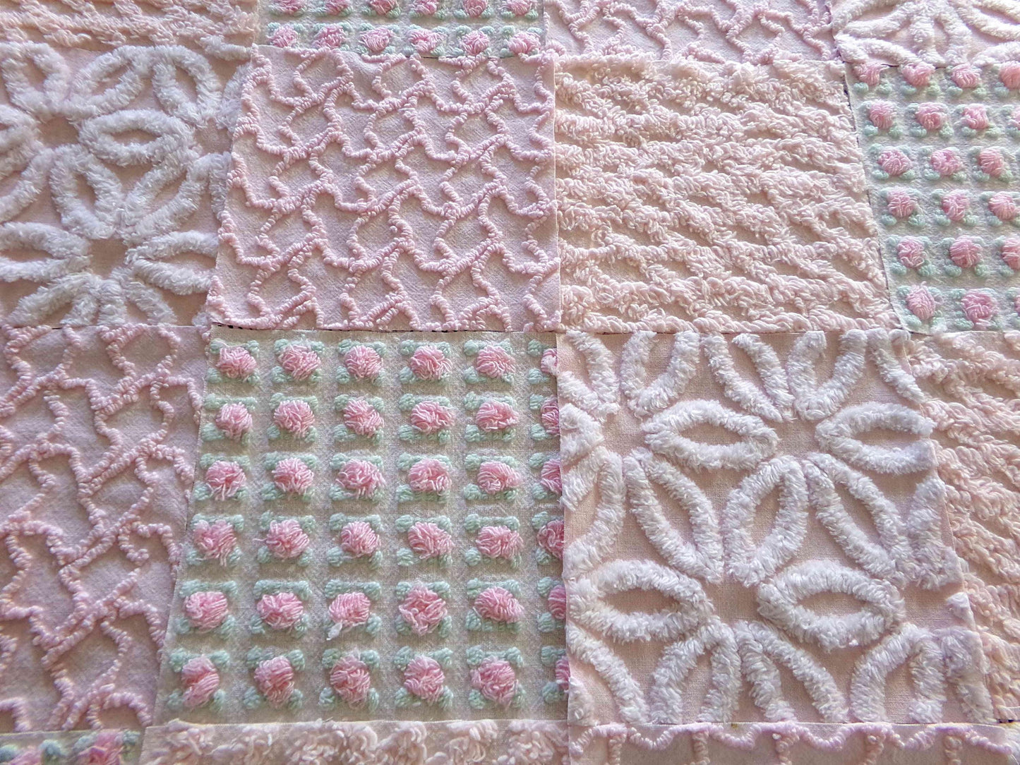 Spring Glow Chenille Quilt Squares Set from Vintage Bedspread Fabric, 16 Blocks, 6" inch ea in pretty daisies, pink rosebuds, peach lattice