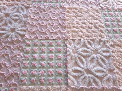 Spring Glow Chenille Quilt Squares Set from Vintage Bedspread Fabric, 16 Blocks, 6" inch ea in pretty daisies, pink rosebuds, peach lattice