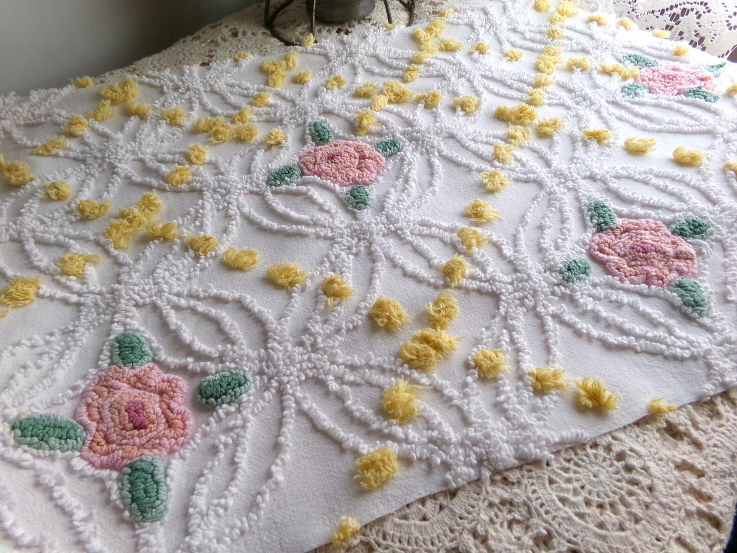 lovely pink rose chenille fabric with goldenrod yellow pops, shabby style 20" x 24" inch piece of sewing material for quilts & crafts