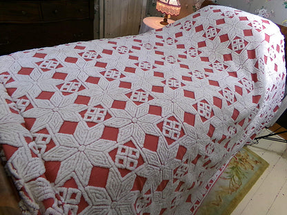 Modern Boho Terracotta Chenille Bedspread, Rustic Eight Point Star Vintage Quilt Style Design, Full Size Country Bedding
