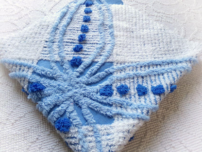 mystic coastal blue & white vintage chenille fabric, starburst geometric pattern, 22" x 23" inch piece of unique cotton sewing material