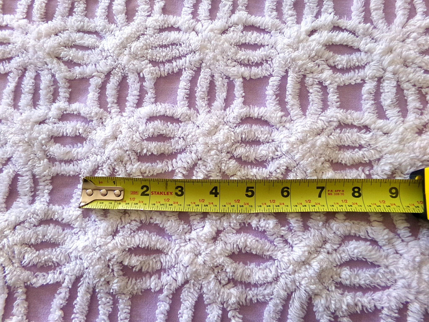 lilac chenille fabric, plush white wedding rings on purple, 18" x 24" inch piece cut from vintage chenille bedspread