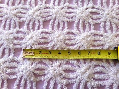 lilac chenille fabric, plush white wedding rings on purple, 18" x 24" inch piece cut from vintage chenille bedspread