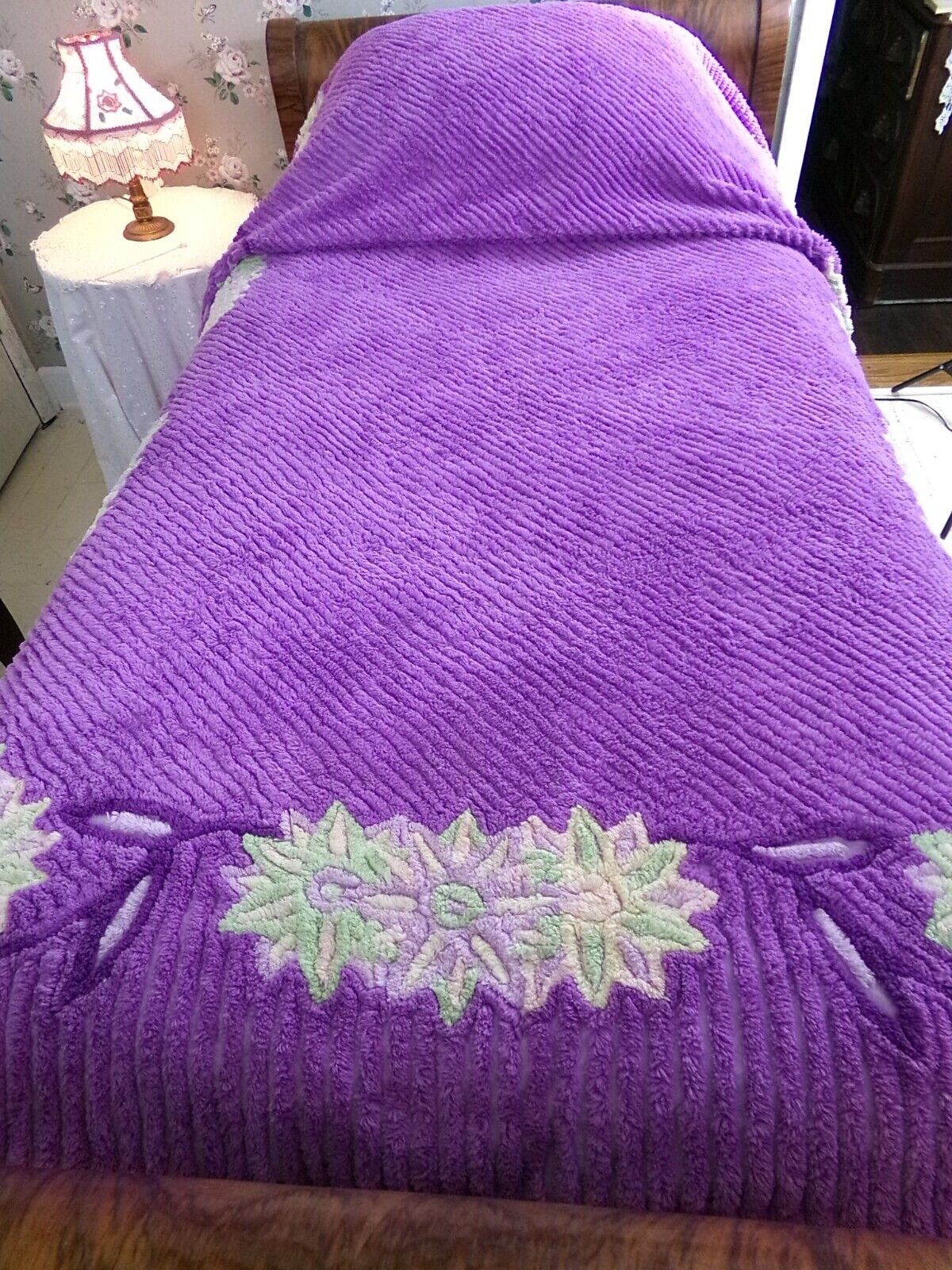 Plush Purple Passion Vintage Chenille Bedspread, Green Lily Floral Full Size Bedding
