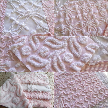 vintage chenille fabric squares in classic feminine pink & white textures, 7.5" vintage fabric blocks, set of 9 for sewing, crafts, quilts