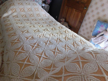 Spectacular Peach Bliss Large Floral Hofmann Vintage Chenille Bedspread, Full