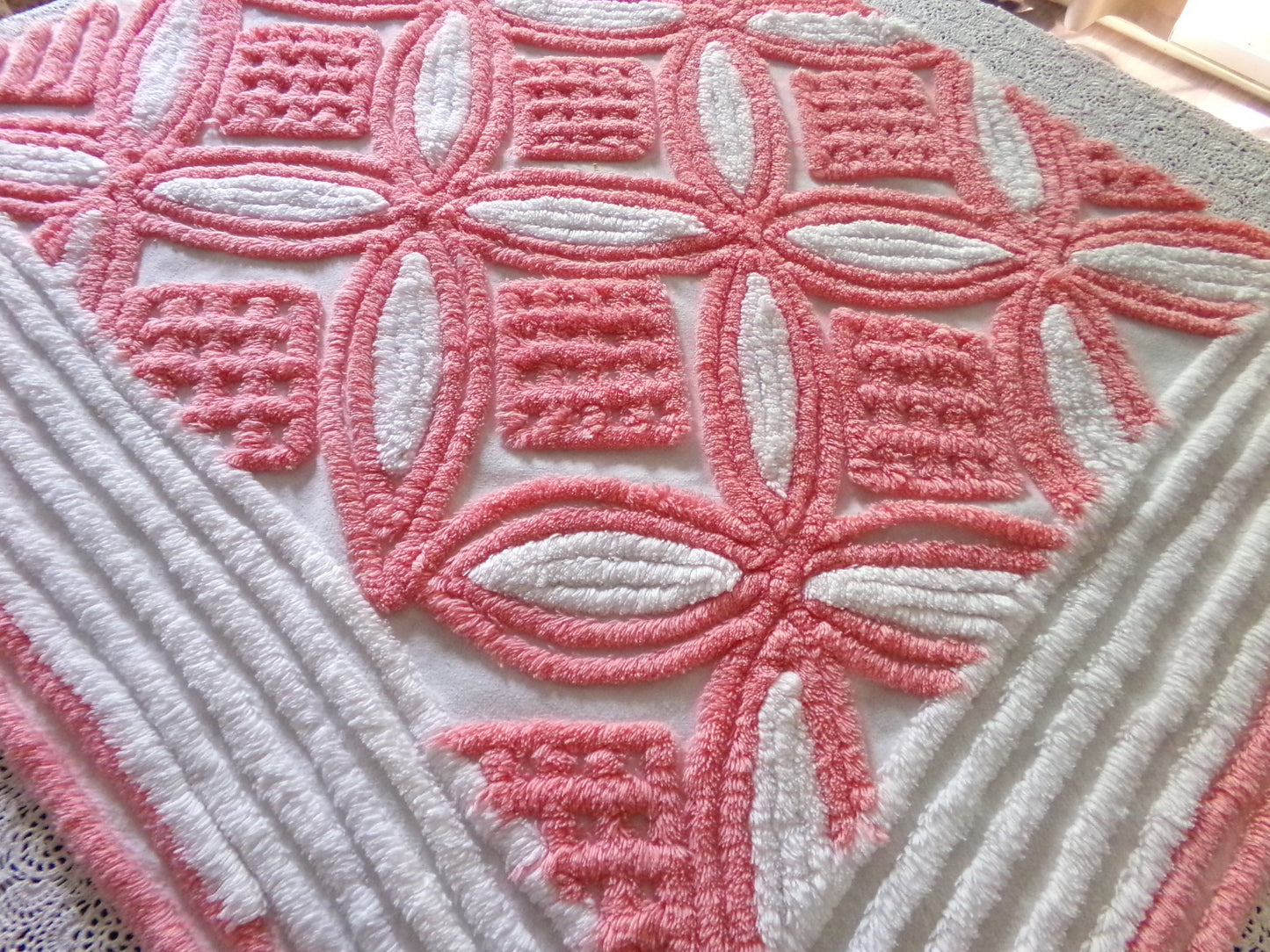 Plush Pink & White Vintage Chenille Fabric, 24" x 30" Inch Piece, 100% Cotton, Optic Wedding Ring Pattern, Great for DIY Pillows