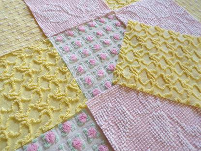 Spring Sunshine Chenille Quilt Squares Set from Vintage Bedspread Fabric, 16 Blocks, 6" x 6" inch