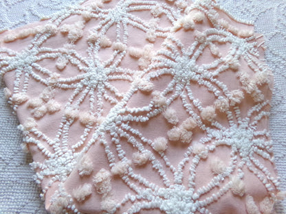 iced peach vintage chenille fabric, needletuft white wedding rings & overtufted pops, 20" x 24" piece sewing material for quilting, crafts