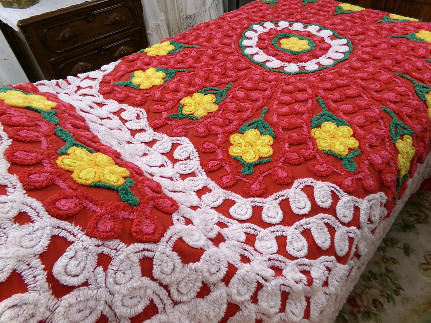 flower power vintage red hot chenille bedspread w/ hearts & daisies, full size plush cotton bedding