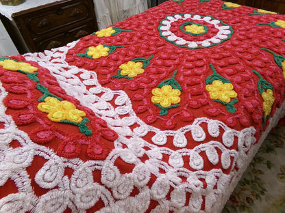 flower power vintage red hot chenille bedspread w/ hearts & daisies, full size plush cotton bedding