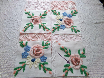 shabby fantasy florals chenille fabric squares, set of 8 vintage 7.5" quilt blocks, pink & white wildflowers for sewing, crafts, quilting