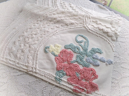 shabby delicate vintage chenille fabric, 18" x 24" inch piece of cotton sewing material for crafts & quilting