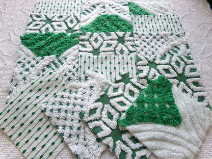 preppy green chenille fabric squares, set of 16 vintage 6" craft blocks, geometric designs for quilt inlays, pillows, fiber arts