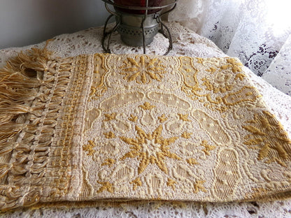 celestial gold matelasse woven tapestry fabric, silky shimmer fringe, 18" x 23" inch piece of vintage luxury sewing material