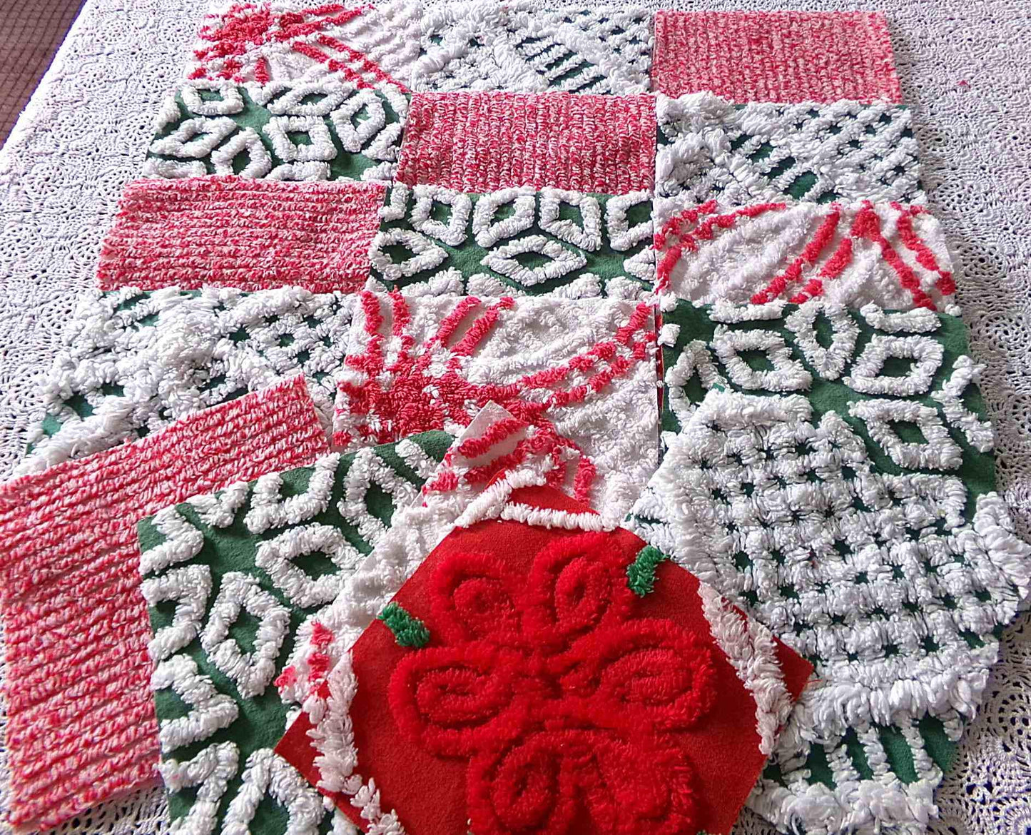 Christmas Chenille Quilt Squares, Set of 17 Festive Red, White & Green 6" Cotton Quilt Blocks, ideal for holiday crafts, quilting and sewing