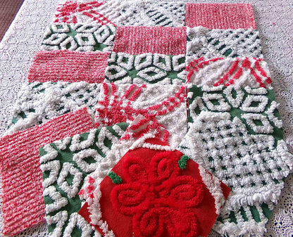 Christmas Chenille Quilt Squares, Set of 17 Festive Red, White & Green 6" Cotton Quilt Blocks, ideal for holiday crafts, quilting and sewing
