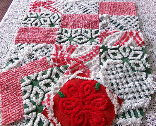 Christmas Chenille Quilt Squares, Set of 17 Festive Red, White & Green 6" Cotton Quilt Blocks, ideal for holiday crafts, quilting and sewing