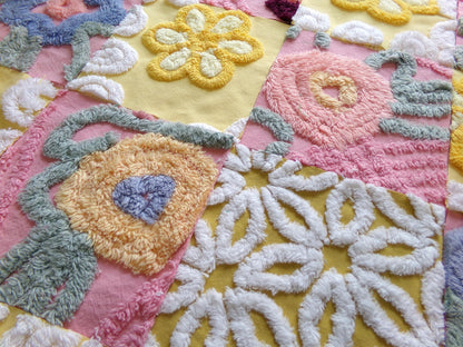 vintage chenille fabric squares, "buttercups & rose petals" set of 16 floral 6" quilt blocks in yellow flower, rose pink floral, gold daisy