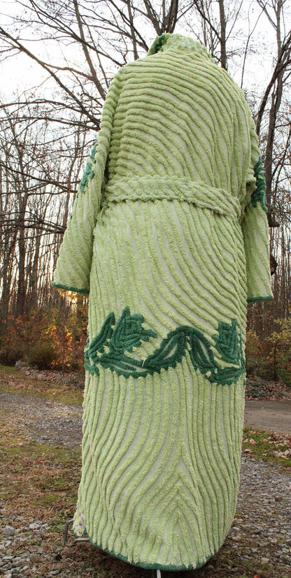 plant lady beautiful chenille robe, shabby upcycled women's bathrobe from tulip floral vintage chenille bedspread fabrics, in size L/XL