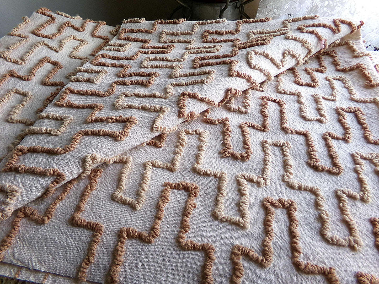 sandy sandcastles vintage chenille fabric, two tone honey golden brown geometric design, 18" x 24" inch piece for quilting, crafts & sewing