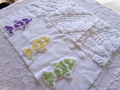 school of fish chenille fabric squares, set of 6 large 9.5" square quilt blocks, fun fishies & plush white swirl dots