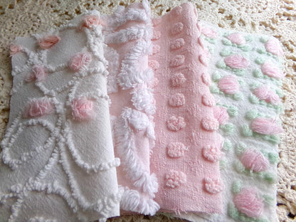 cottage garden chenille fabric squares, vintage craft square set of 17 quilt blocks, 6" x 6" inch, ideal in handmade chenille quilts, crafts