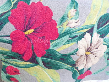 Tropical Vintage Barkcloth Fabric Piece, Salvaged MCM Botanical Hibiscus Print, 19" x 25" inches, #3