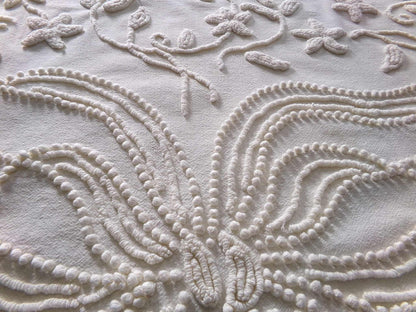 Exquisite Heirloom Vintage Chenille Fabric Piece, Large Bow & Lily Flowers in Antique Cream, 23" x 37" inch piece, lovely for a wall hanging