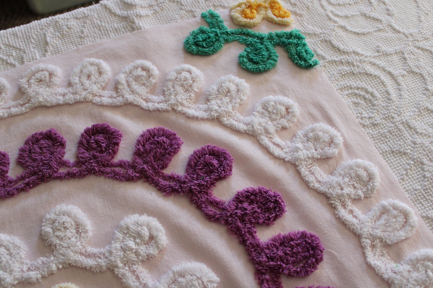 Cherished Soft Pink Birthday Cake Vintage Chenille Quilt FABRIC, 24" x 25" Piece, Thin Lightweight Cotton