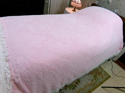 Vintage Twin Chenille Bedspread | Pink White Hobnail Rose Pattern with Fringe | Shabby Chic Woven Cotton Bedding