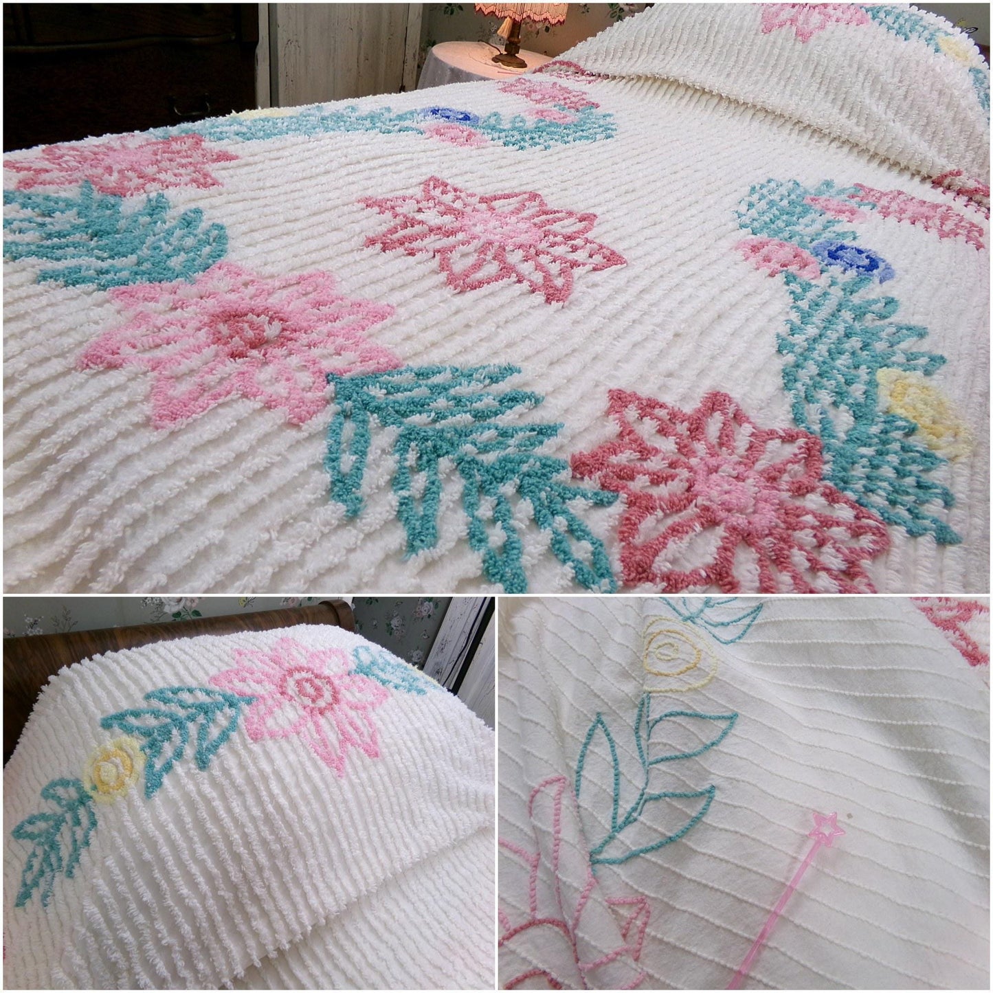 Vintage Twin Chenille Bedspread w/ Pink Star Lilies, Botanical Leaves on Cream Tufted Cotton