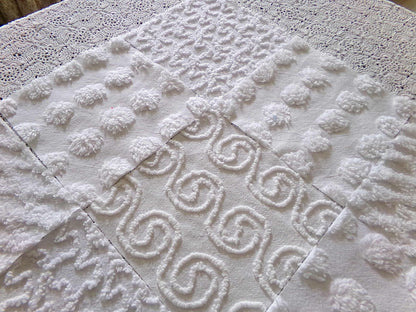 serene snowfall vintage chenille fabric squares, set of 16 white 6" quilt blocks, upcycle in handmade quilts, sewing projects