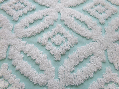 vintage aqua chenille fabric, white petals geometric design, 20" x 24" piece of sewing material