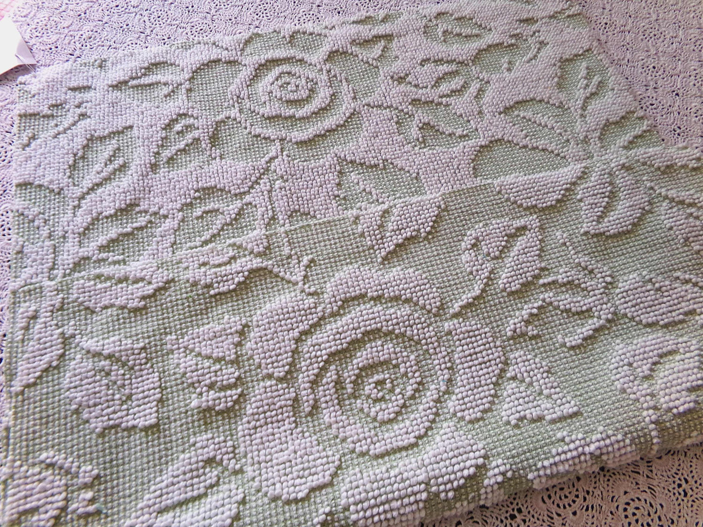 Sage Green Creamy White Cabbage Rose Chenille Fabric, 19" x 23" inch Piece, Vintage Fieldcrest Reversible Hobnail Design, Durable & Strong