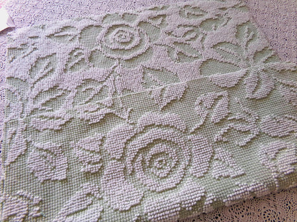 Sage Green Creamy White Cabbage Rose Chenille Fabric, 19" x 23" inch Piece, Vintage Fieldcrest Reversible Hobnail Design, Durable & Strong