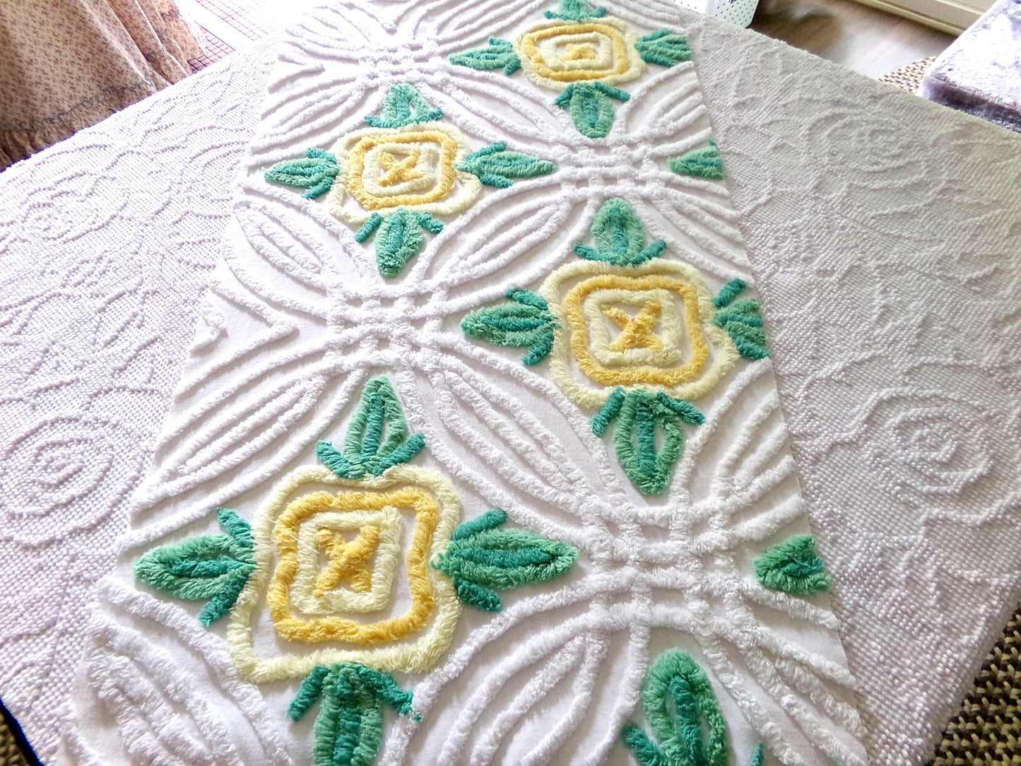 Shabby Chic Chenille Fabric, Yellow Cabbage Roses on White Cotton, 30" x 17" inch Piece, Pretty in Pillows & Quilts
