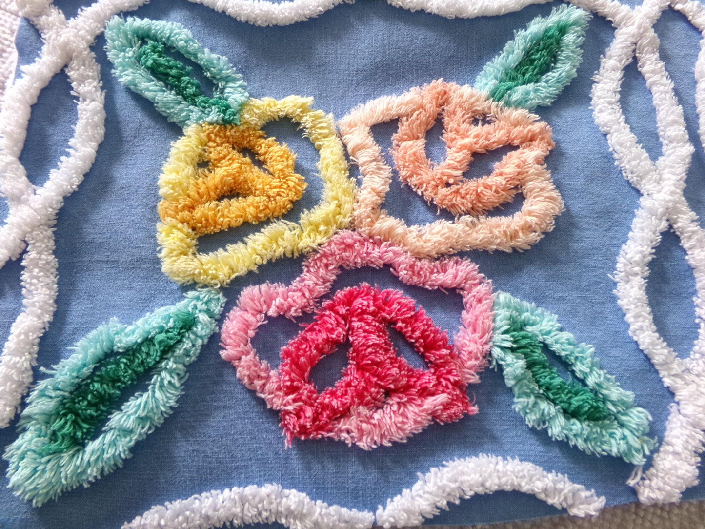 Seaside Summer Florals Blue Vintage Chenille Fabric, Pretty 30" x 26" inch piece