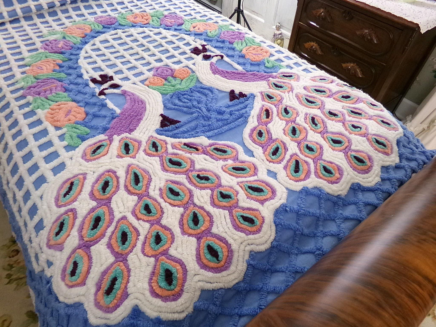 peacock vintage chenille bedspread, lovebirds under a sky blue flower garden trellis, luxury midcentury full size bedding