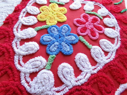 Colorful Vintage Chenille Fabric Sassy Red Heart, 15" x 25" Inch Piece, Bright BOLD Colors