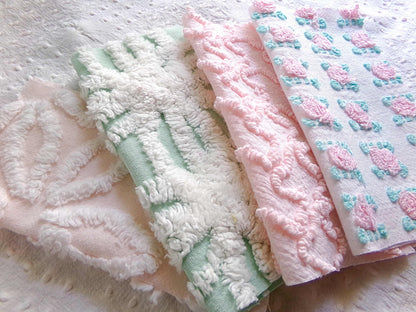 Chenille Squares Set, "Flower Petals," 16 Vintage Fabric Quilt Blocks, 6" inch in White Daisy, Pink Rosebud, Mint Green, Squiggles