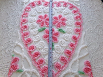 pretty pink heart vintage chenille fabric, a trio of roses with curlicue swirls, 17" x 23" inch piece of sewing material great for pillow