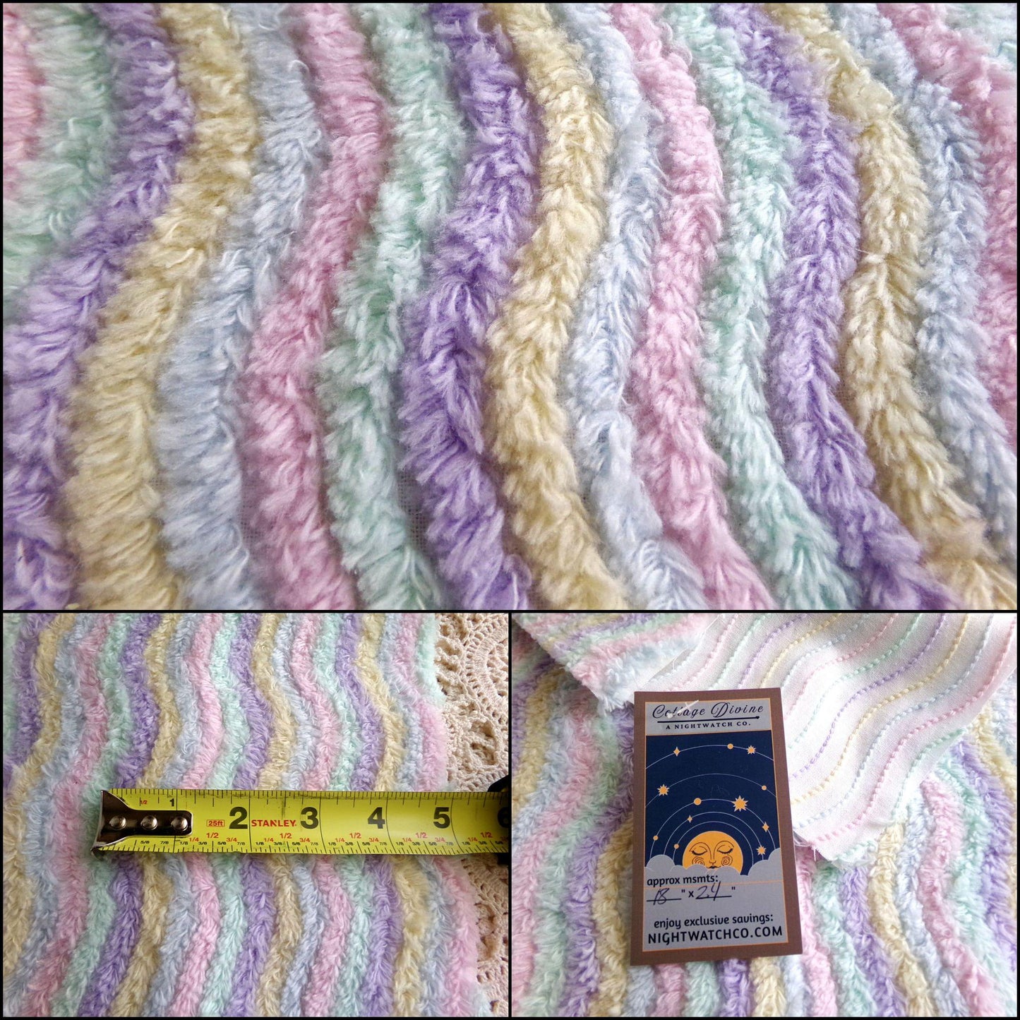 Pastel Rainbow Striped Chenille Fabric, Vintage Lilac, Yellow, Mint Green, Sky Blue & Pink Ripple 18" x 24" piece, sewing quilt material
